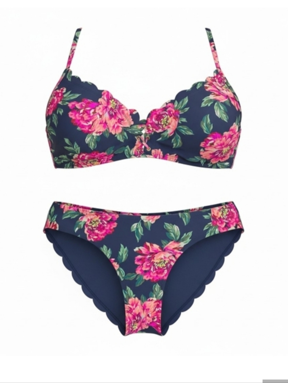 NWOT Floral Scalloped Bikini Set Halter Lace Up Front 2 Piece Swimsuit Navy Pink